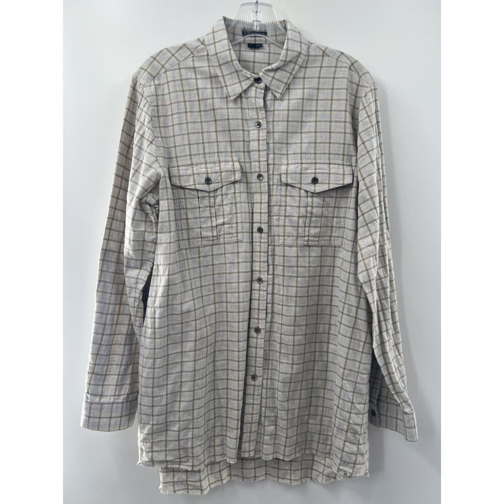 Theory Women's Roll Tab Sleeves Cotton Button Down Size Large Frayed Hem Edge - Picture 5 of 9
